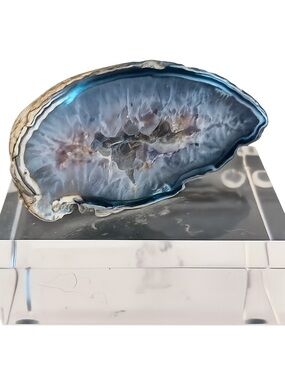 Blue Banded Agate Geode Half Polished Crystal Slice Display Specimen 3.75”